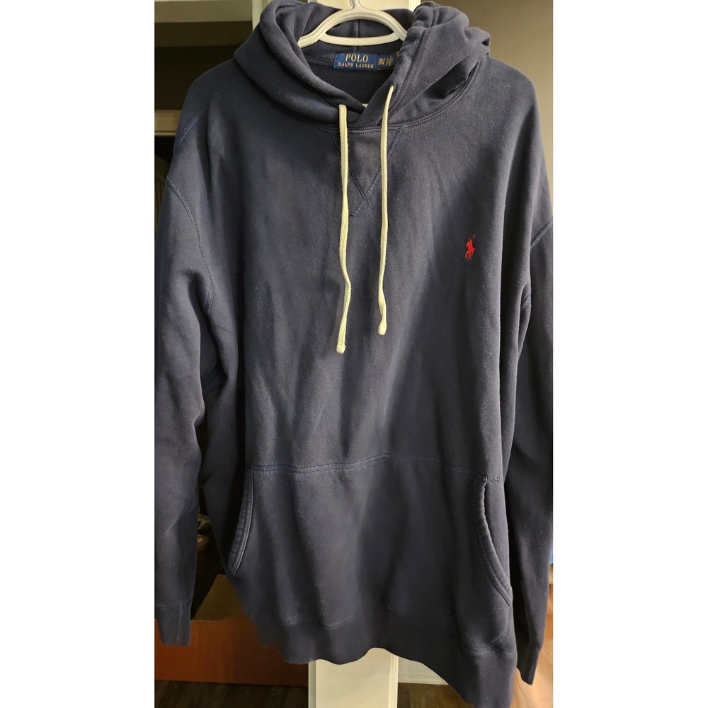 Polo Ralph Lauren Mens Navy Blue Fleece Hoodie Red Pony Logo 2XLT Big and Tall